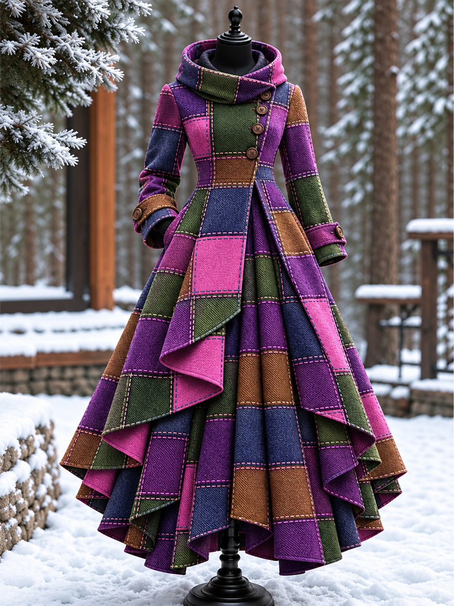 Women’s Vintage High-Collar Asymmetrical Double-Layer Hem Long Maxi Coat
